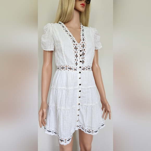 RAHI WHITE BLACK EMBROIDERED CAP PUFF SLEEVES SHORT MINI COTTON DRESS MEDIUM - Picture 5 of 15